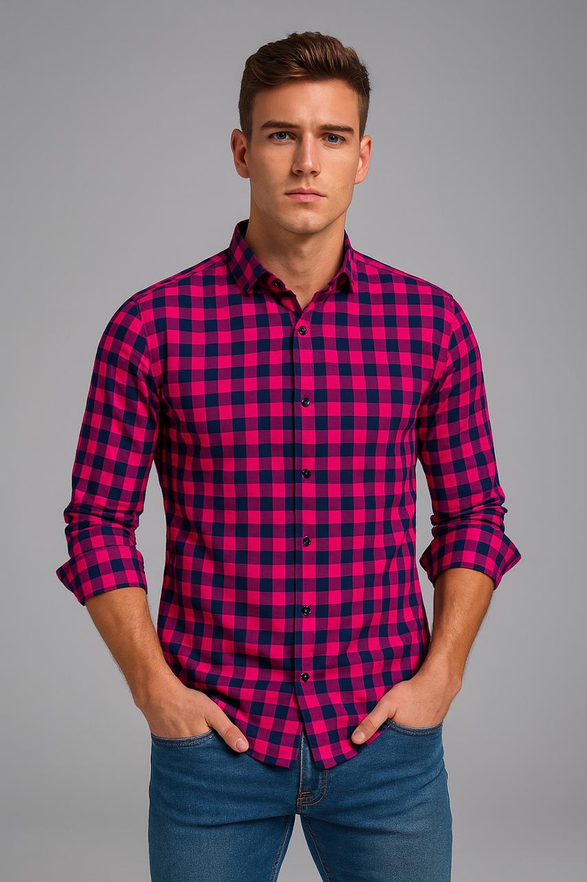6518SKPFU - CAMISA DAMERO SKINNY PREMIUM FUCSIA